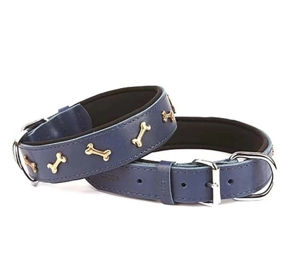 Doggie Comfort Deri Kemik Süslü Köpek Boyun Tasması Medium Mavi 3x42-50 Cm - 1
