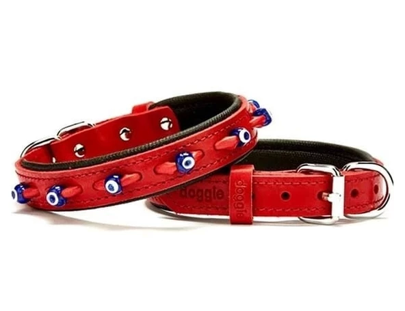 Doggie Comfort Deri Nazar Boncuklu Köpek Boyun Tasması Small Kırmızı 2x30-35 Cm - 1