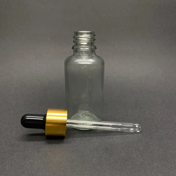 20ml Şeffaf, Cam Şişe, 12 adet, Cam Damlalıklı, Ecza şişesi, Propolis şişesi, Gold Kapak Siyah Emzik