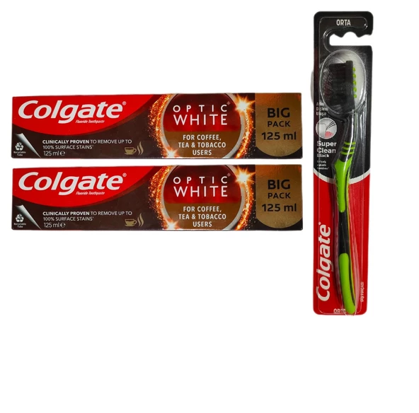 Colgate Optic White Kahve, Çay ve Tütün Kullanıcıları Için Süper Clean Black Orta Diş Fırçası + Macun 125 ml 2 + 1 Adet