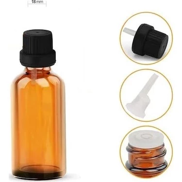 20ml kahvrengi şişe, içten damlalıklı kapak,24 adet Siyah damlatmalı kapak, Esans şişesi, Boş şişe, Aroma Şişesi