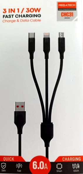Çoklu Şarj Kablosu 120Cm Micro-Type-C Lightining 30W 6 Ampere Kadar Hızlı Şarj - 2