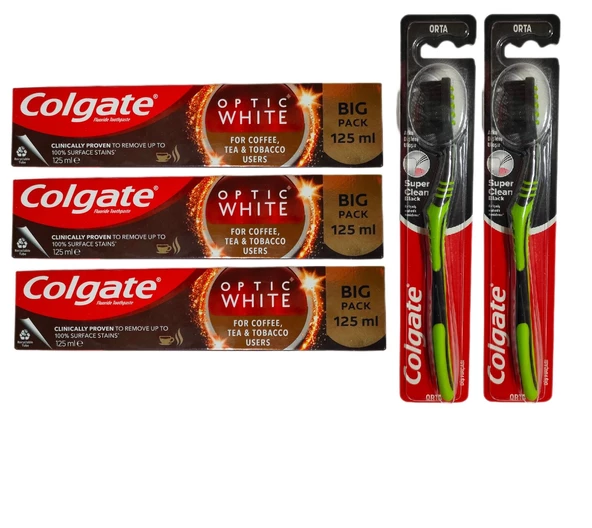 Colgate Optic Kahve Çay ve Tütün Kullananlar Süper Clean Black Orta Diş Fırçası Macun 125 ml 2 + 3 Adet