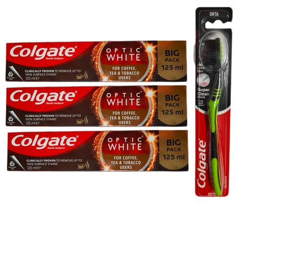 Colgate White Kahve, Çay ve Tütün Kullanıcıları Için Süper Clean Black Diş Fırçası 1 Adet + 3 Ad Macun 125ml