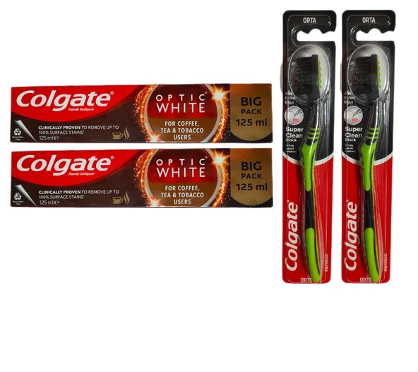 Colgate Çay Ve Tütün Kullananlar Süper Clean Black Orta Diş Fırçası + Macun 125 Ml 2 + 2 Adet