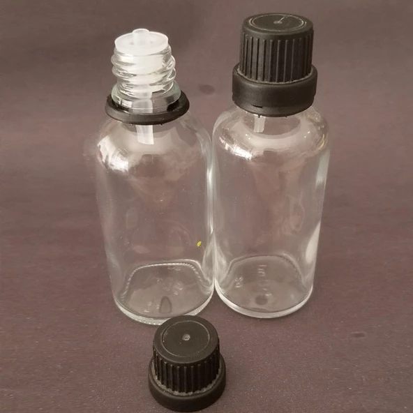 30ml şeffaf, içten damlalıklı kapak, 24 adet Siyah damlatmalı kapak, Esans şişesi, Boş şişe, Aroma Şişesi