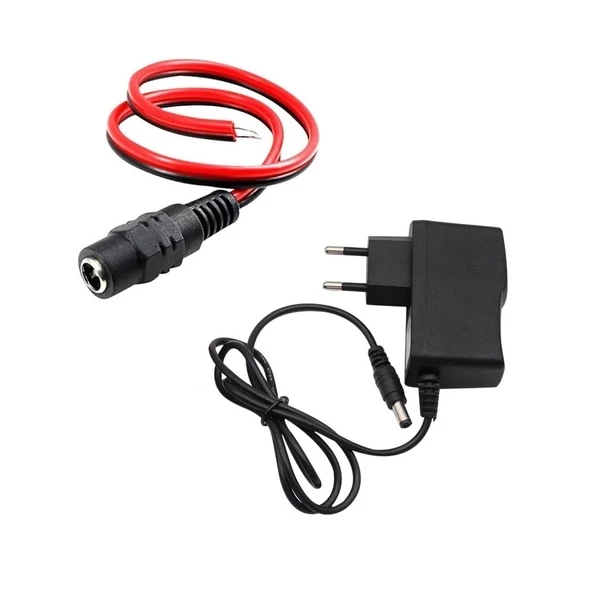 12V 1A Modem ve Arduino Uyumlu Priz Tipi Adaptör ve Güç Soketi 2.1mm DC Barrel Dişi Jack Kablosu