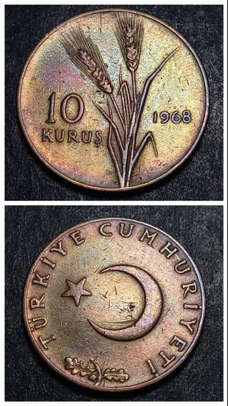 Escoines Koleksiyon 39963675dde3710cff 1968 Bakır ÇÇT+ Patinalı 10Kuruş eski madeni para ürün görseli 1