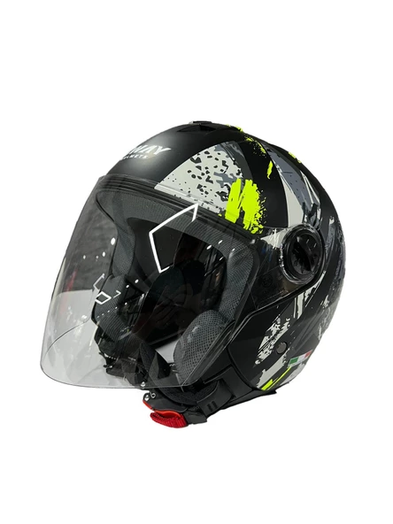 Sway 715 Şeffaf Vizörlü Yarım Motosiklet Scooter Kaskı 2XL Beden Poison Black Grey Yellow - 3
