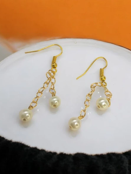 İnci Boncuk Aesthetic Soft Vibes Vintage Sallantılı Zincir Özel Tasarım Hediyelik Küpe - 3