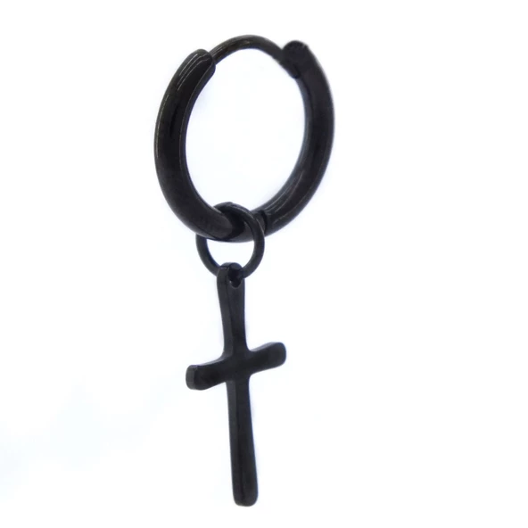 BZ 316L Çelik Unisex Siyah Tek Haç Küpe UNK-481 - 3