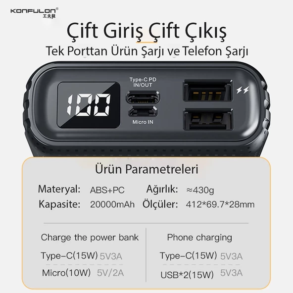 A30 Rahat Taşınabilir Type-C Girişli 15W Hızlı Şarjlı Powerbank 20000 Mah - 6