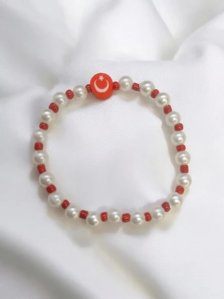 Türk Bayrağı Ay Yıldızlı Boncuk Figürlü İnci Boncuklu Hediyelik Kombin Tasarım Bileklik - 3