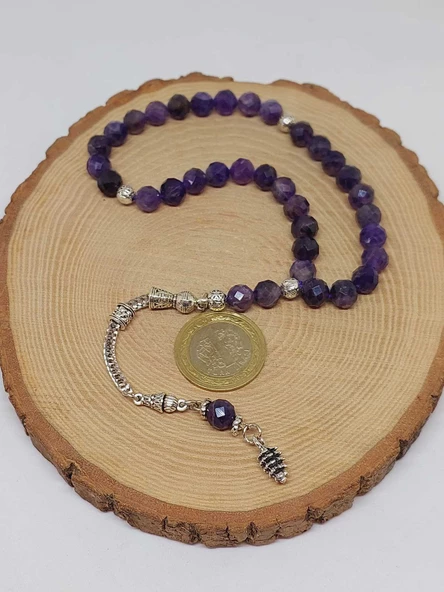 Ametist Taşı Koyu Renk Üst Segment Faset Kesim 33lük Tesbih 8mm (39700) - Resim 4