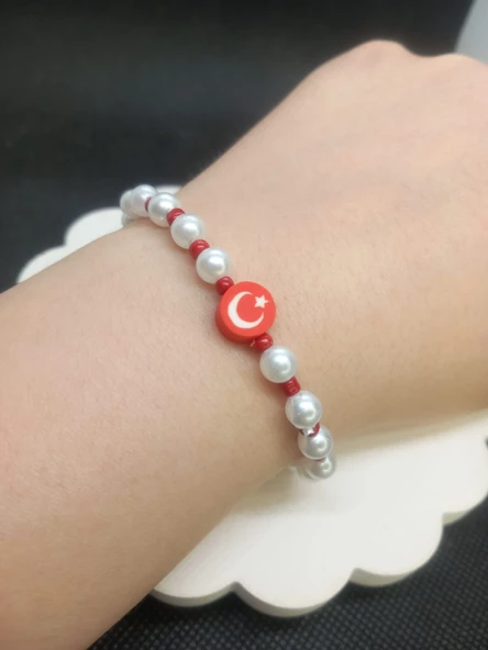 Türk Bayrağı Ay Yıldızlı Boncuk Figürlü İnci Boncuklu Hediyelik Kombin Tasarım Bileklik - 2