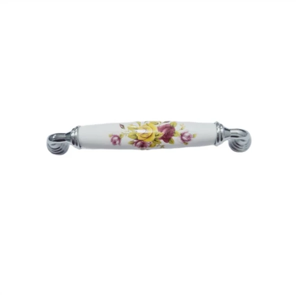 BEYAZ PORSELEN KULP KROM AYAK SARI ÇİÇEKLİ 128 MM / 5 ADET - 5