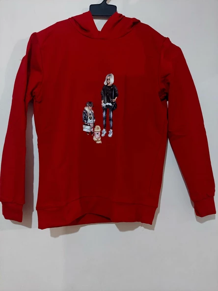 MODAVALS KAPİŞONLU ANNE KIZ KÖPEK BASKILI ANNE KIZ SWEATSHIRT KOMBİN-KIRMIZI - 2