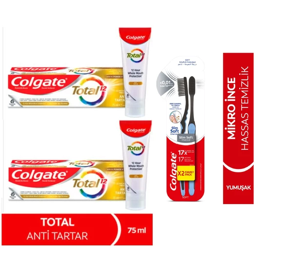 Colgate Diş Macun Total Antı Tartar 75 ml+ Mikro Ince Charcoal Derin Hassas Temizlik Yumuşak Diş Fırça 2+2li
