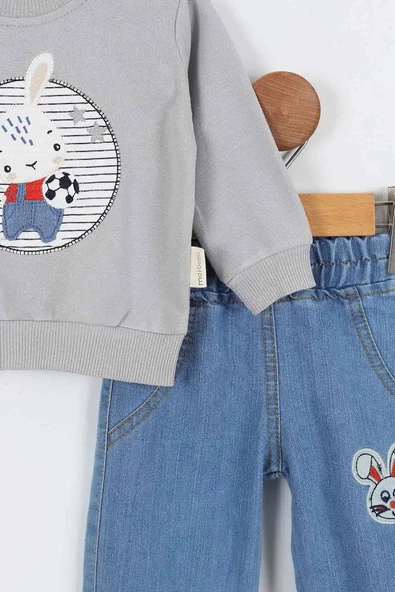 Tavşan Desenli Uzun Kollu Pamuklu Kot Sweat Erkek Bebek Alt Ust Takım Erkek Bebek İkili Takım 2 li - 5