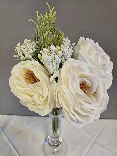 YASİMA Beyaz Gül Buketi Aranjmanlı Gelin Eli Buketi Nikah Kına Söz Gül Demeti 30cm - 9