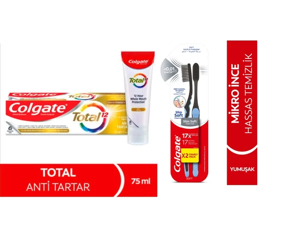 Colgate Diş Macun Total Antı Tartar 75 ml+ Mikro Ince Charcoal Derin Hassas Temizlik Yumuşak Diş Fırça 1+2 li