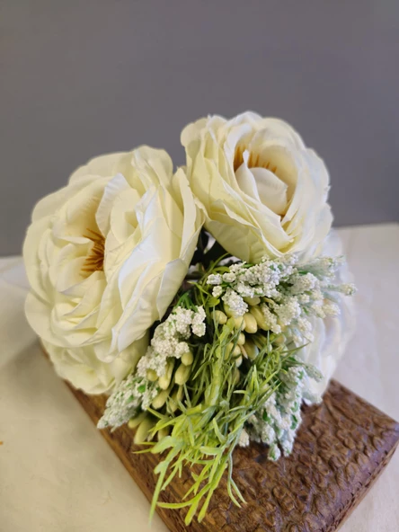 YASİMA Beyaz Gül Buketi Aranjmanlı Gelin Eli Buketi Nikah Kına Söz Gül Demeti 30cm - 3