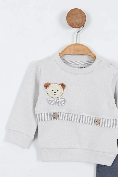 Ayı Desenli Uzun Kollu Pamuklu Sweat Pantolon Erkek Bebek Alt Ust Takım Erkek Bebek İkili Takım 2 li - 11