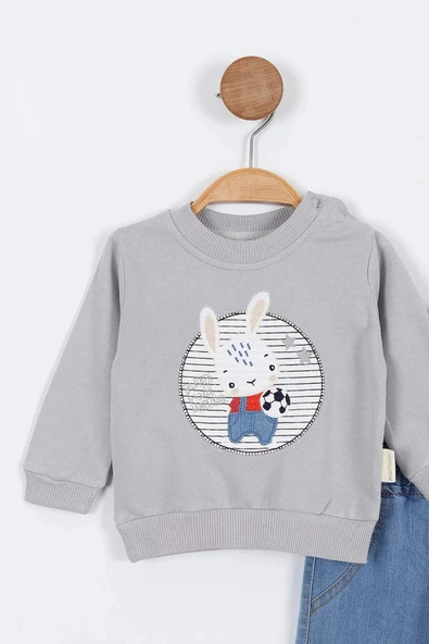 Tavşan Desenli Uzun Kollu Pamuklu Kot Sweat Erkek Bebek Alt Ust Takım Erkek Bebek İkili Takım 2 li - 7
