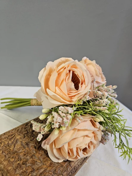 YASİMA Pudra Gelin Eli Gül Buketi Aranjmanlı El Buketi Nikah Kına Söz Gül Demeti 30cm - 7