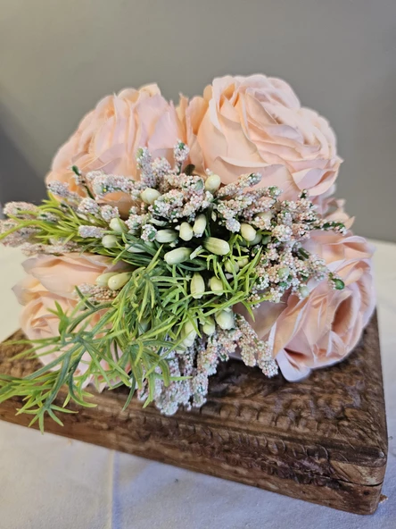 YASİMA Pudra Gelin Eli Gül Buketi Aranjmanlı El Buketi Nikah Kına Söz Gül Demeti 30cm - 4