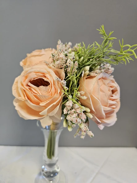 YASİMA Pudra Gelin Eli Gül Buketi Aranjmanlı El Buketi Nikah Kına Söz Gül Demeti 30cm - 2