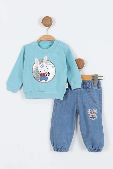 Tavşan Desenli Uzun Kollu Pamuklu Kot Sweat Erkek Bebek Alt Ust Takım Erkek Bebek İkili Takım 2 li - 4