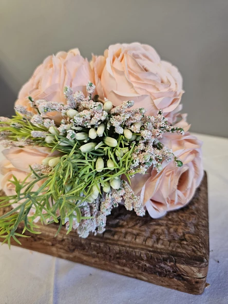 YASİMA Pudra Gelin Eli Gül Buketi Aranjmanlı El Buketi Nikah Kına Söz Gül Demeti 30cm - 5