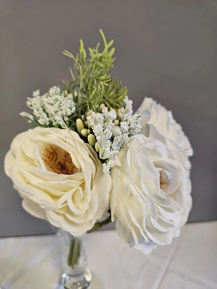 YASİMA Beyaz Gül Buketi Aranjmanlı Gelin Eli Buketi Nikah Kına Söz Gül Demeti 30cm - 7