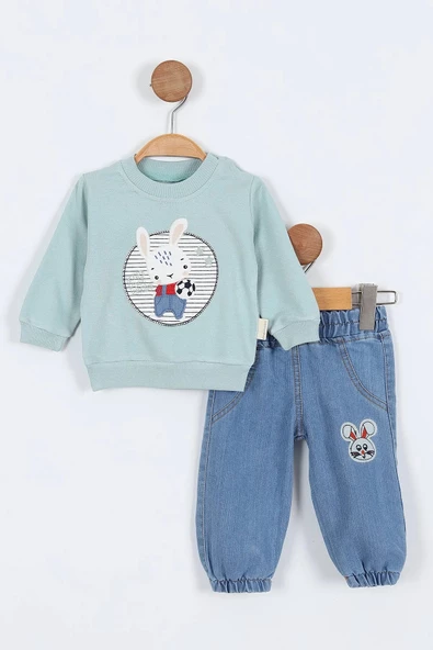 Tavşan Desenli Uzun Kollu Pamuklu Kot Sweat Erkek Bebek Alt Ust Takım Erkek Bebek İkili Takım 2 li - 3