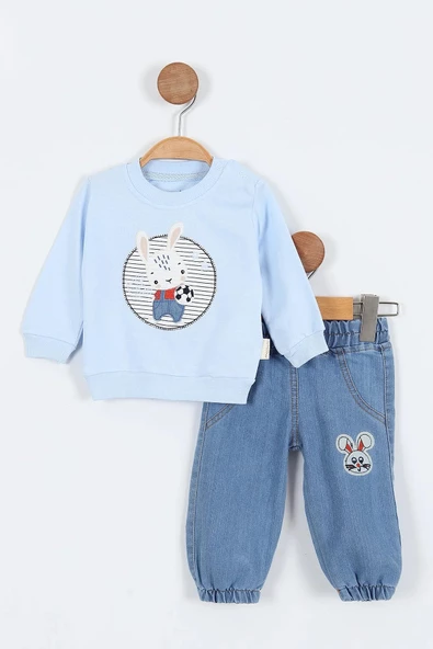 Tavşan Desenli Uzun Kollu Pamuklu Kot Sweat Erkek Bebek Alt Ust Takım Erkek Bebek İkili Takım 2 li - 2