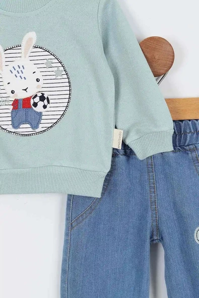 Tavşan Desenli Uzun Kollu Pamuklu Kot Sweat Erkek Bebek Alt Ust Takım Erkek Bebek İkili Takım 2 li - 12
