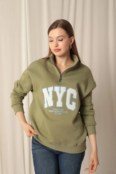Üç İplik Nyc Nakışlı Kadın Haki Sweat - 2
