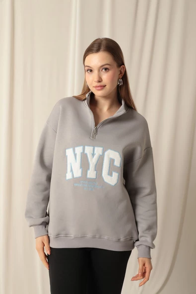 Üç İplik Nyc Nakışlı Kadın Koyu Gri Sweat - Resim 2