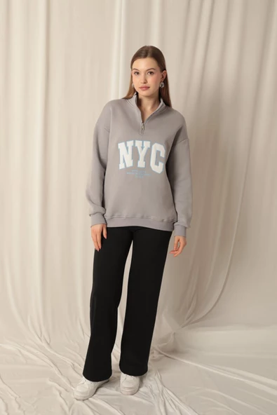Üç İplik Nyc Nakışlı Kadın Koyu Gri Sweat - Resim 3