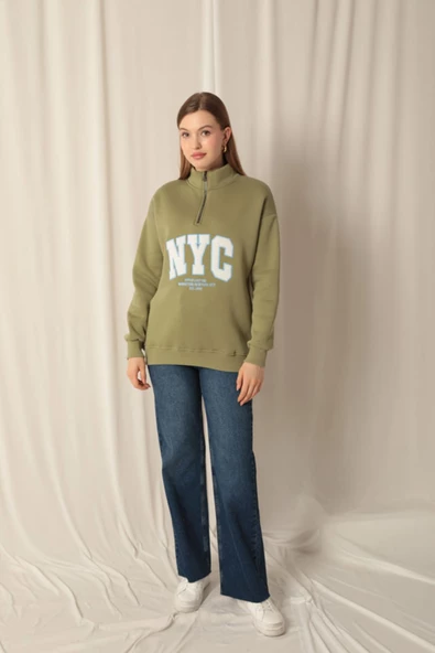 Üç İplik Nyc Nakışlı Kadın Haki Sweat - 4