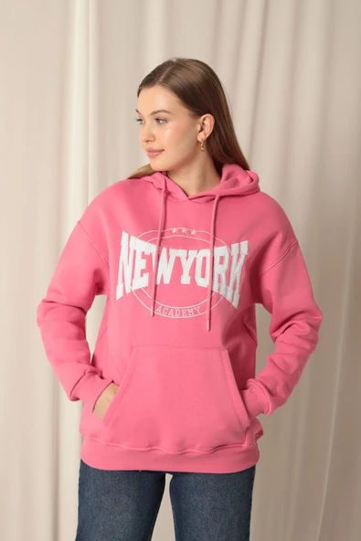Üç İplik Newyork Nakışlı Kadın Pembe Sweat