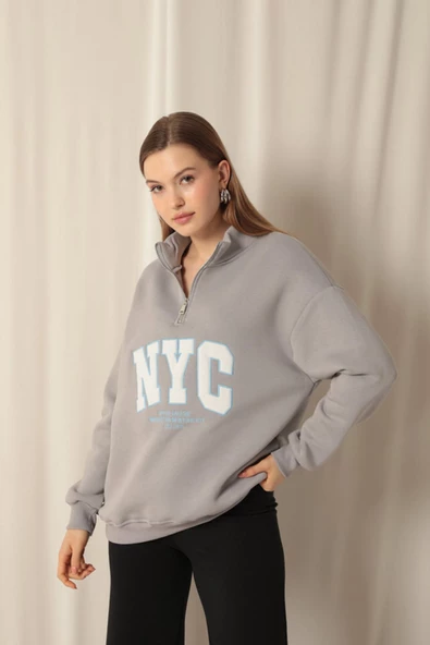 Üç İplik Nyc Nakışlı Kadın Koyu Gri Sweat - Resim 4