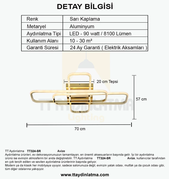 TT Aydınlatma TT324-SR  57 x 17 Profil Sarı Kaplama 3 lü Plofonyer Led Avize - 4