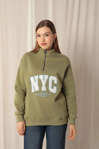 Üç İplik Nyc Nakışlı Kadın Haki Sweat - 5