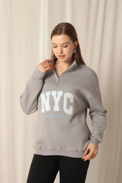 Üç İplik Nyc Nakışlı Kadın Koyu Gri Sweat - Resim 5