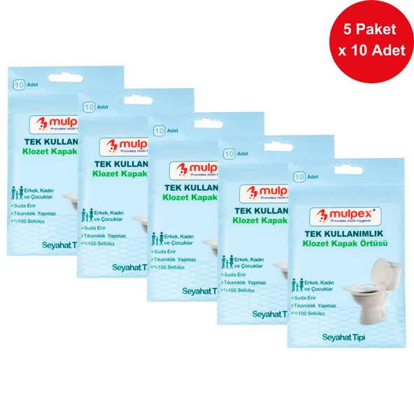 Mulpex Tek Kullanımlık Suda Çözünür Klozet Kapak Örtüsü - 5 x 10 lu Paket | Hijyenik ve Pratik Seyahat Aksesuarı