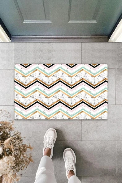 Dijital Baskı Beyaz Zigzag Kapı Paspası K-3083 - 1