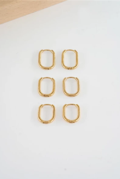 Kadın 316 L Çelik Anti alerjenik  Dikdörgen model 3 Boy 1.8cm / 2.2 cm /2.5 cm Klipsli 6'lı Set Küpe - Resim 2