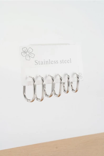 Kadın 316 L Çelik Anti alerjenik  Dikdörgen model 3 Boy 1.8cm / 2.2 cm /2.5 cm Klipsli 6'lı Set Küpe - Resim 3